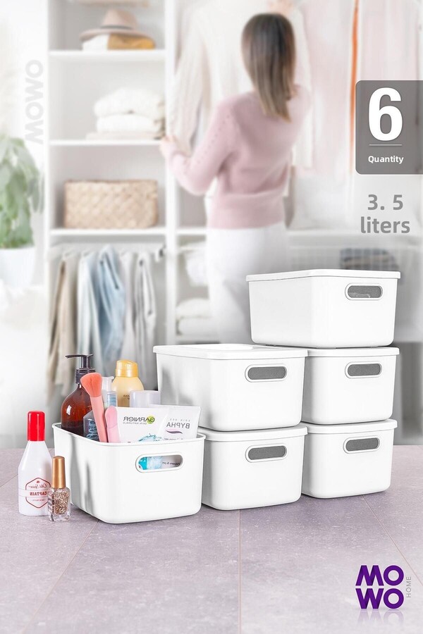 Mowo Home-3.5 Lt White 6-Piece Retro Box - Multi-Purpose Organizer Storage Box with Lid, Organizer 1