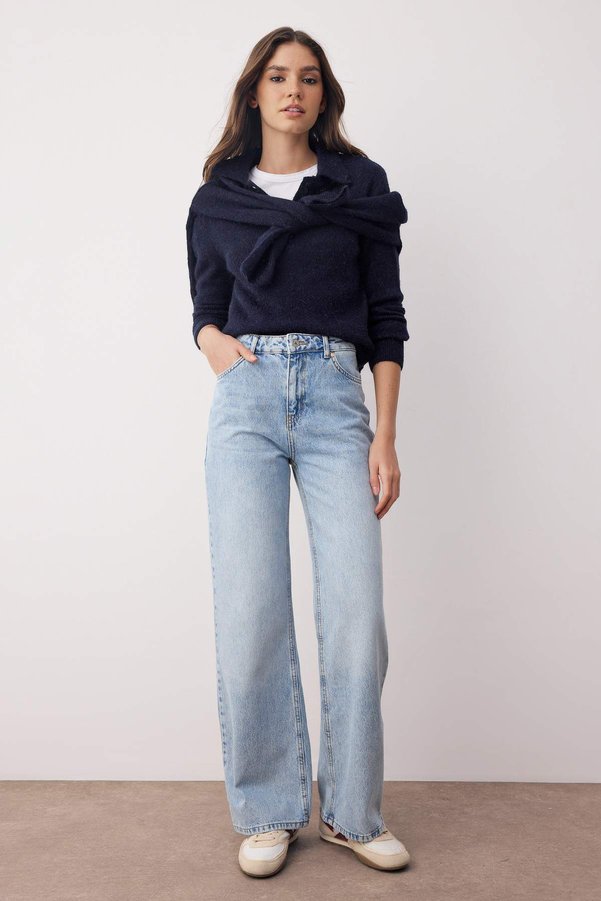Trendyol Collection High Waist Wide Leg 100% Cotton Non-Stretch Jeans - Light Blue - TWOAW26JE00074