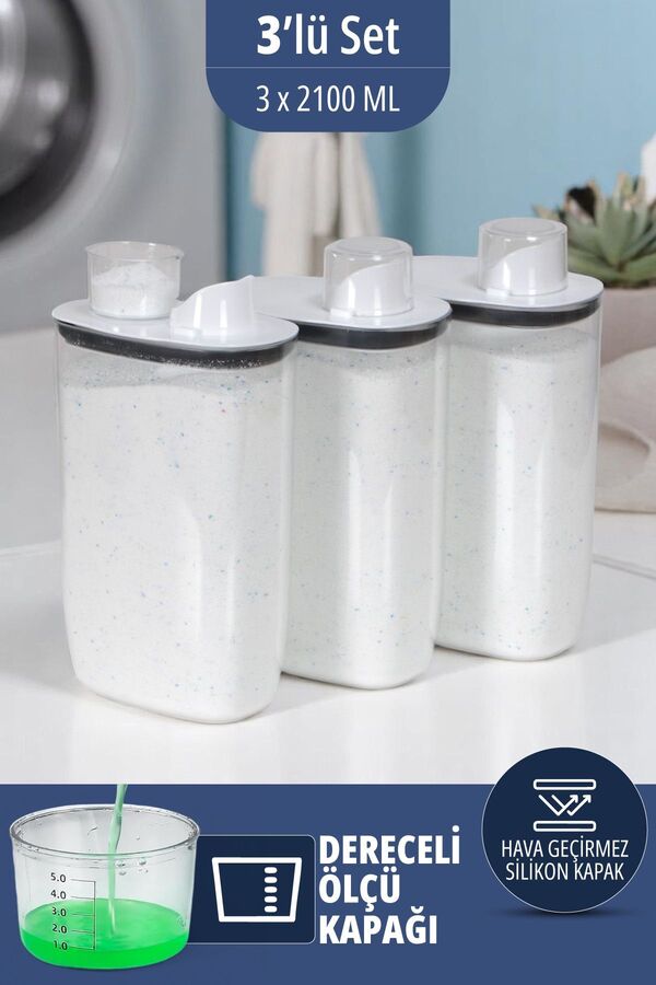 Mikasso Silikon Kapaklı Ölçekli Toz Sıvı Tablet Deterjan Saklama Kabı Kutusu 2100 Ml 3 Adet Beyaz Plastik Be