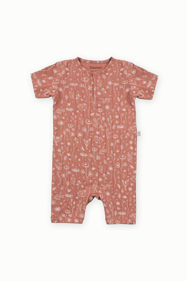 Boumini Pamuklu Kısa Kollu Bebek Şort Tulum Bahar Çiçekli Kiremit