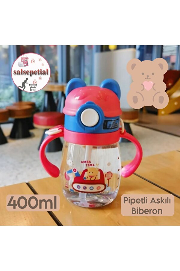 Salsepetial 400ml Ayıcık Figürlü Pipeti Suluk Bebek Matara Askılı Sevimli Su Şişesi Bebek Pipetli Biberon Matara