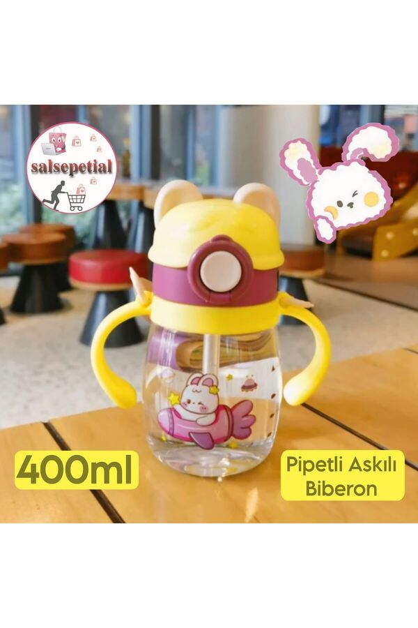 Salsepetial 400ml Tavşan Figürlü Pipeti Suluk Bebek Matara Askılı Sevimli Su Şişesi Bebek Pipetli Biberon Matara