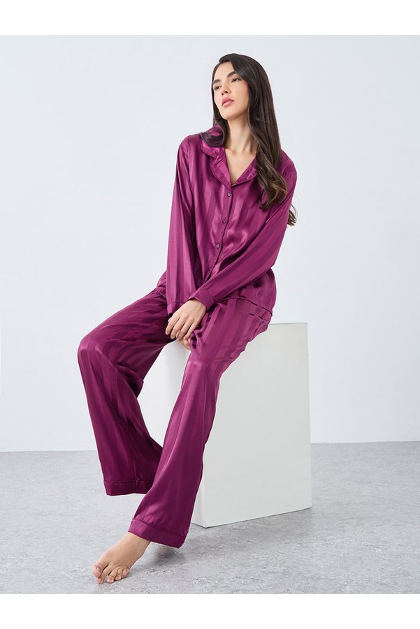 Styli Satin Jacquard Striped Piped Shirt and Pyjama Set