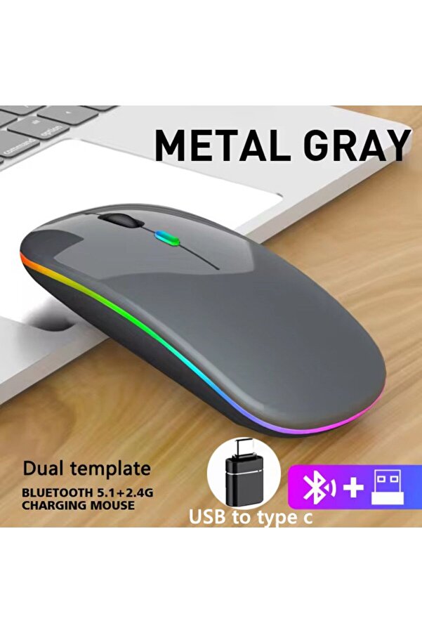 Choice-Gray with OTG LED Wireless Mouse Rechargeable Silent Bluetooth-compatible Mouse Portable Dual Mode C 1