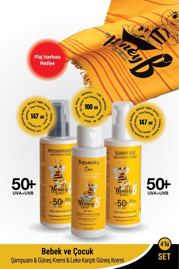 My Honey B Anne Bebek Tatil Seti Doğal içerikli Şampuan Güneş Koruyucu 147 ML Cilt Aydınlatıcı Güneş Spreyi 147