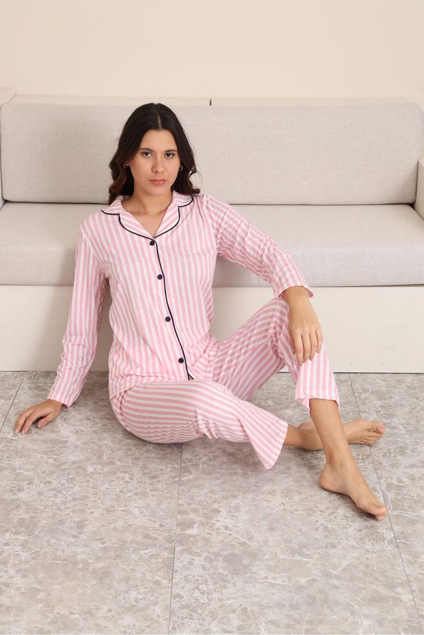 STELLAPİNK Pink White Striped Buttoned Knitted Double Pajama Set