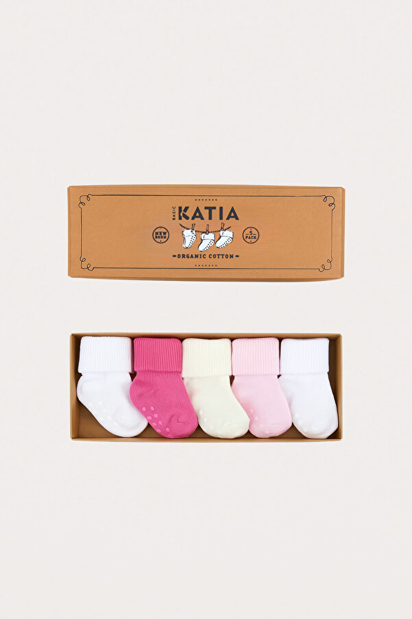 Katia & Bony Yenideoğan 5'li Organik Bebek Soket Çorap Pembe-Beyaz
