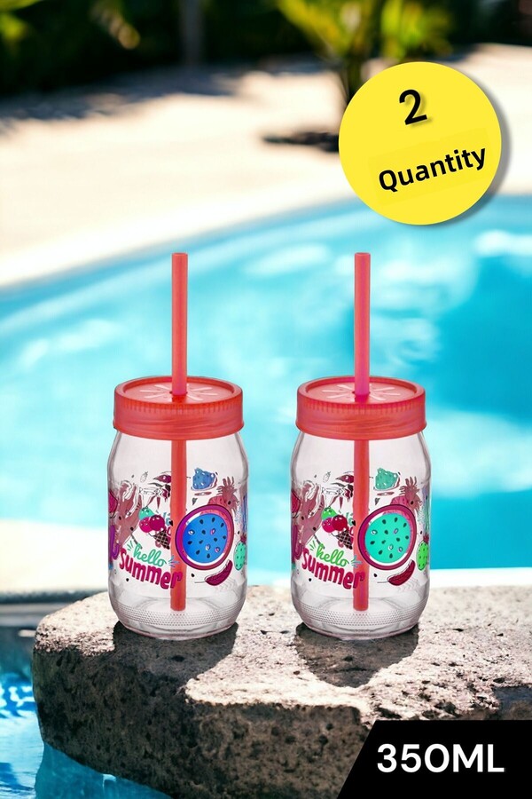 Şahane Pazar-Red 2 Pieces Glass Cup with Straw 350cc Fma04794 1