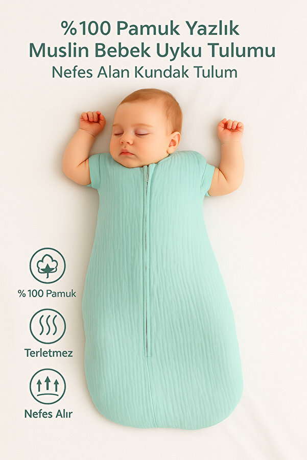TEGA %100 Pamuk Yenidoğan Bebek Yazlık Muslin Kundak Tulum ve Uyku Tulumu – Mint Yeşili, Çift Fermuar