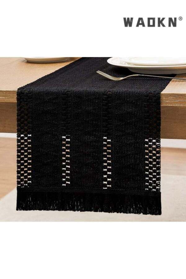 Generic-WAOKN Black Table Runner with Long Tassels, Elegant Table Scarf for Dining Tables, Adds a Touch of 1