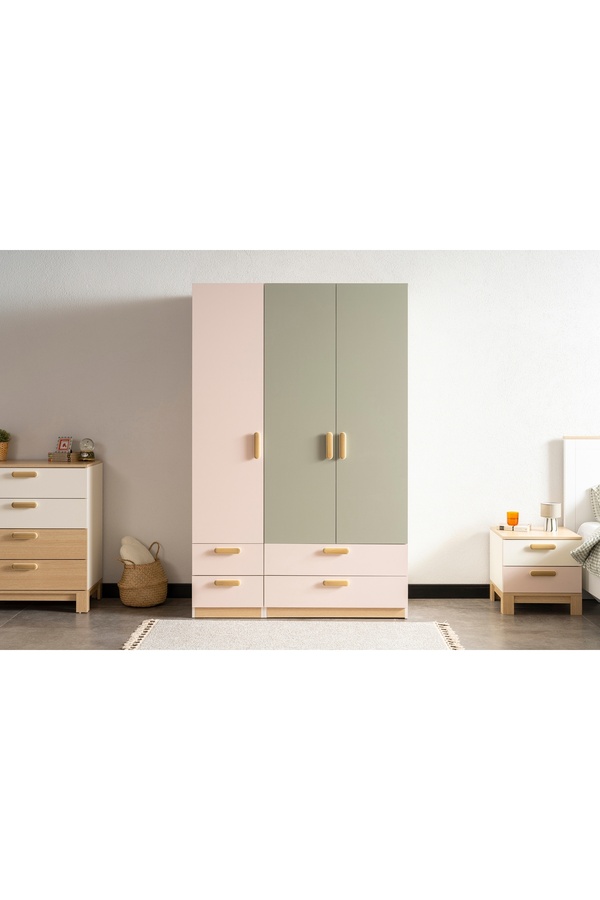 Vivense MOKİDO ÇEKMECELİ GARDIROP, 3 KAPAKLI, PEMBE YEŞİL
