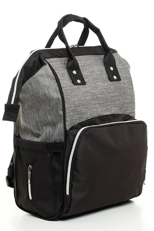 Yerli Anne Bebek Bakım Sırt Çantası Biberon Termoslu Sıvı Geçirmez Puset Askı Aparatlı Siyah Gri Çizgili