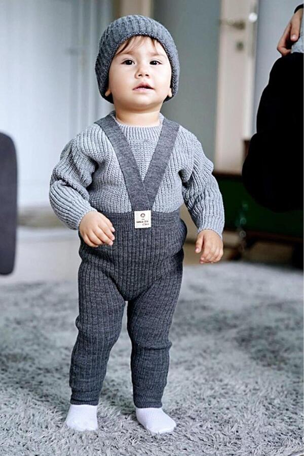 Sparrow Laurel Füme Rengi Yüksek Bel Önden Çapraz Askılı Ayarlanabilir Fitilli Bebek Triko Tayt