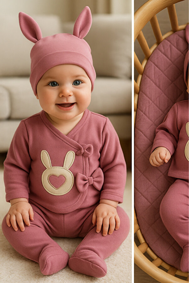 Bamoola for Babies Organik Kız Bebek Tavşan Desenli 5'li Tulum Hastane Çıkışı Yenidoğan Kıyafet Mama Önlüğü