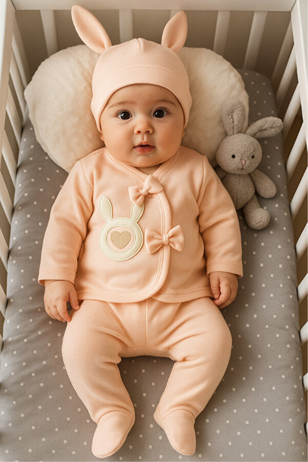 Bamoola for Babies Organik Kız Bebek Tavşan Desenli 5'li Tulum Hastane Çıkışı Yenidoğan Kıyafet Mama Önlüğü