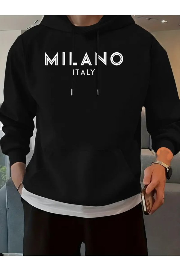JENOLAN Men's Milano Printed Oversize Casual Gray Black Hooded Sweatshirt