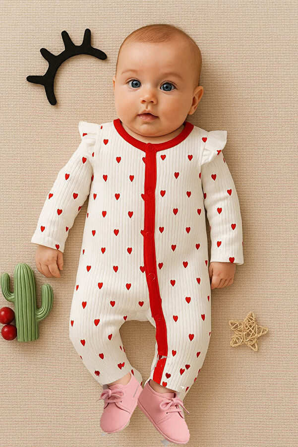 bebekpare Kız Bebek Tulum Kalp Desenli  Pamuk Tulum