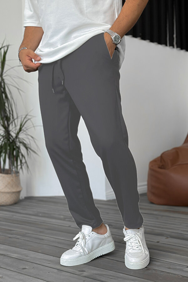Erkek Gri Relaxed Mevsimlik Salaş Klasik Rahat Kalıp Beli Lastikli Esnek Kumaş Jogger Pantolon
