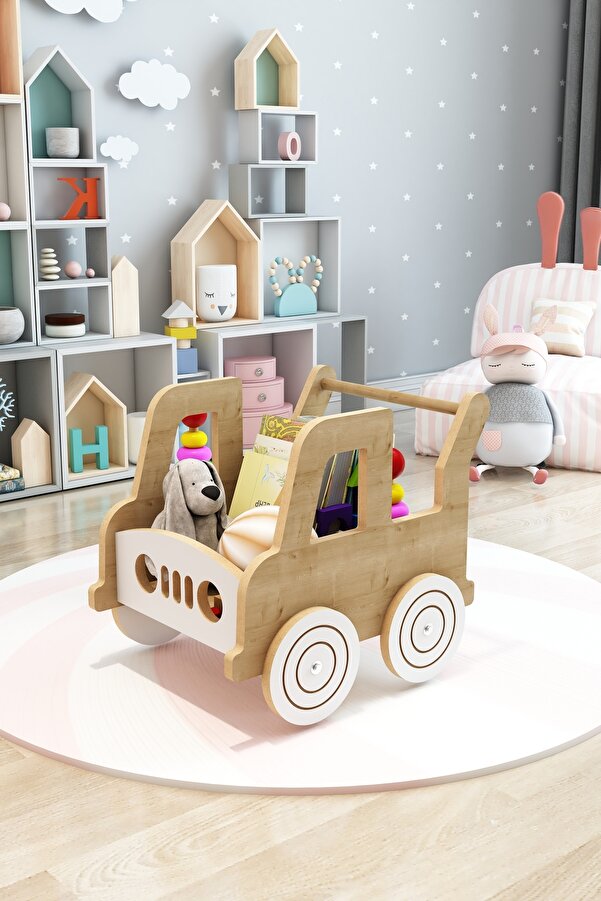 Jest Dekor Konsept Happy Walker -Ahşap İlk Adım Arabası - Yürüme arkadaşı - Yürüteç - Oyuncak Organizer