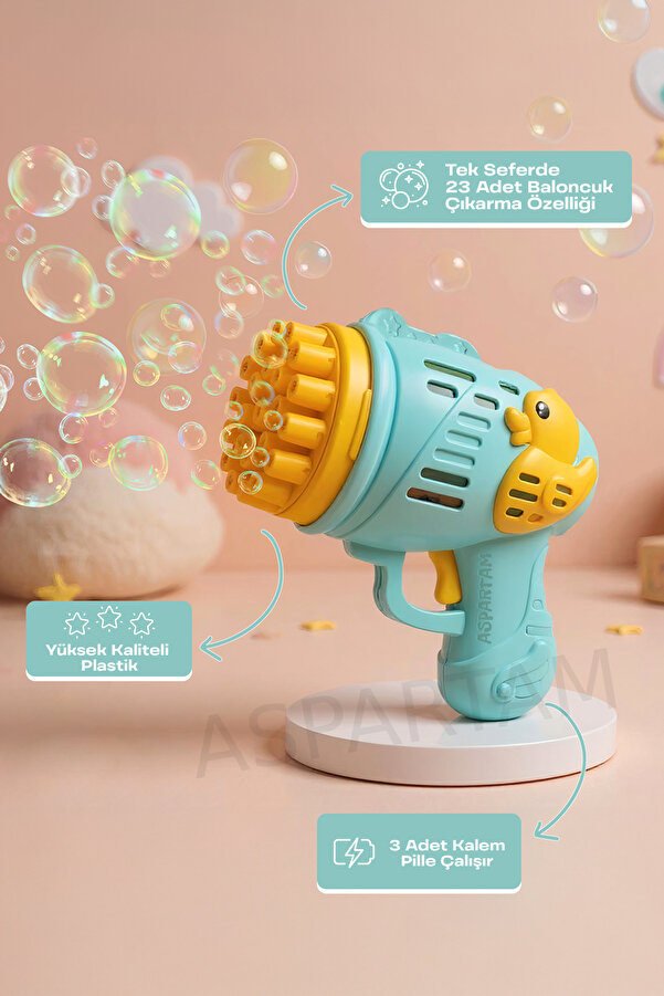 ASPARTAM Duck Çok Delikli Pilli Köpük Atan Baloncuk Çıkaran Tabanca Oyuncağı 23 Dilekli