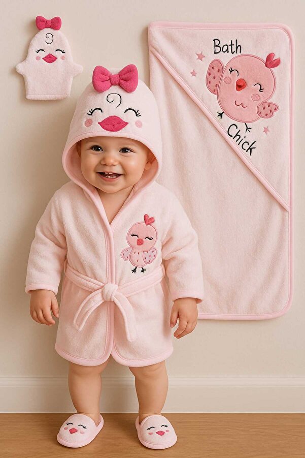 MİLAYS LİFE HOME COLLECTİON CHİCKEN FİGÜRLÜ BORNOZ SETİ %100 PAMUKTAN. 4 PARÇA 0-3 YAŞ