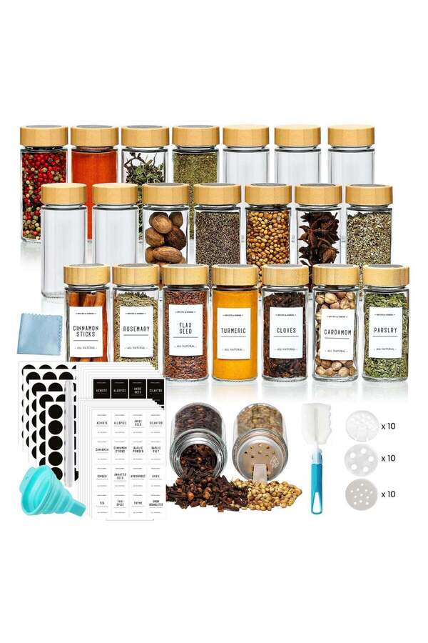 Generic-XiuWoo 24 Glass Spice Jars Set 4oz Empty Rounded Spice Containers Glass Spice Box set with Bamboo L 1