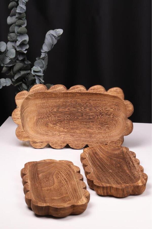 Bambum-3 Piece Pavlonya Noir Wavy Edge Wooden Presentation Set – Round and Rectangular Footed Service t 1