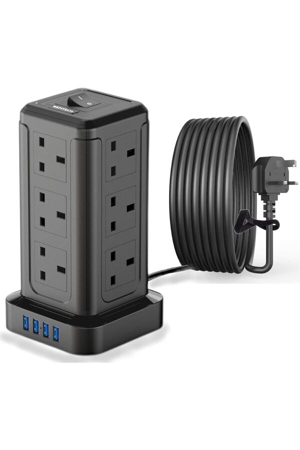 BEPITECH-Power Extension Cord Tower, 12 Power Sockets Desktop Charging Station 2500W, 4 Smart USB Sl 1