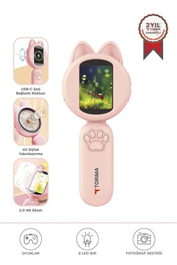 Torima Mini Dijital Mikroskop Led Işıklı HD IPS Ekranlı Eğitici Oyuncak TSM02 Pembe