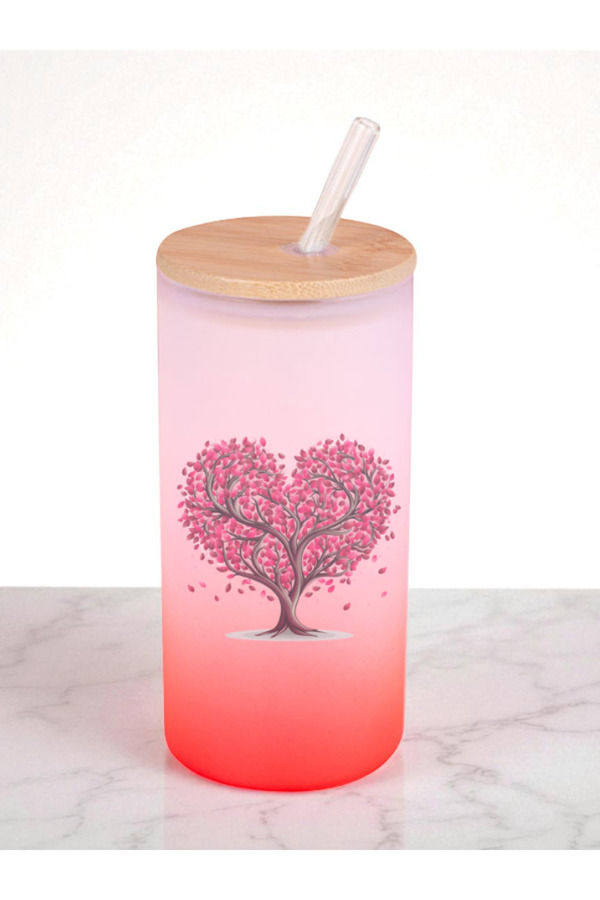 lili hediyelik-Heart Tree Printed 600 ml Glass Flask - Water Flask, Water Bottle Flask, Glass Flask with Straw 1