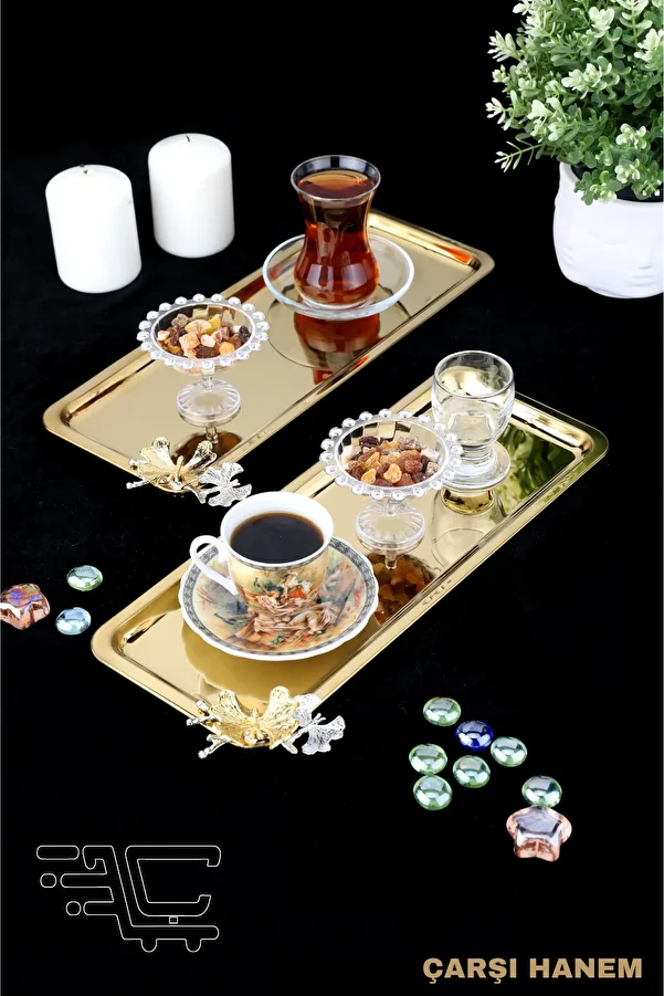 ÇARŞI HANEM-Stainless Gold Rectangular Multi-Purpose Presentation Tray with Double Butterfly Accessories, Set of 2 1