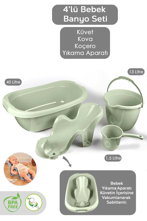 Meleni Baby 4'lü Bebek Banyo Seti - Bebek Yıkama Küveti - Vakumlu Yıkama Aparatı - Su Kovası - Maşrapa - Yeşil
