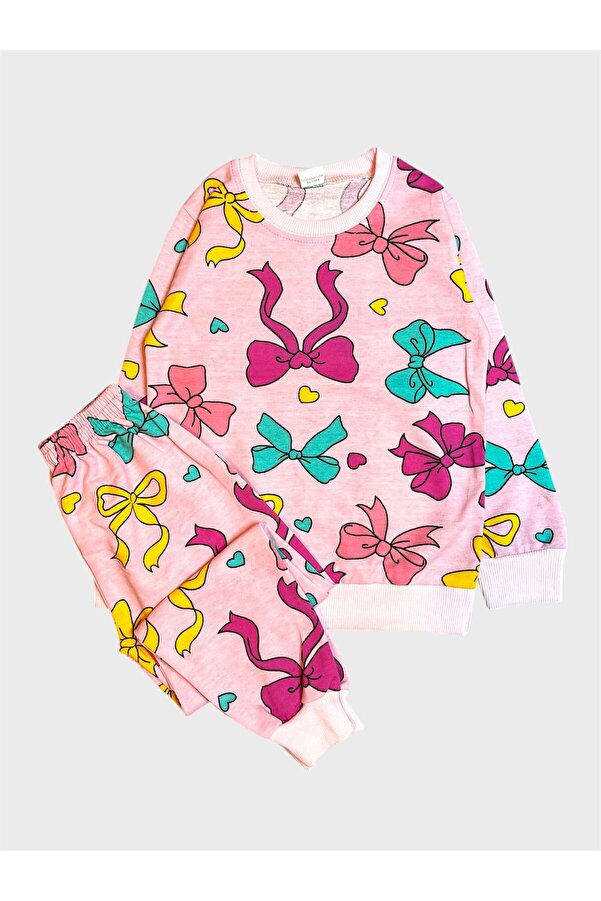 ALİŞ KİDS Kız Çocuk Pamuklu Şardonlu Pembe Kurdele Desenli Uzun Kollu Pijama Takımı