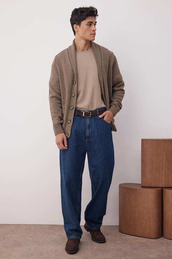 Trendyol Collection-Nerzfarbener Strick-Cardigan aus normaler Wolle mit Schalkragen TMNAW22HI0131 1