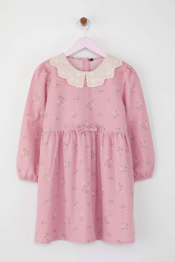 TRENDYOLKIDS Rose Dust Cotton Girls' Midi Length Peter Pan Collar Woven Dress TKDAW25EL00029