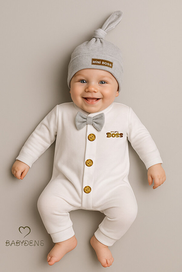 BABYDEN'S Minik Patron Erkek Bebek Düğmeli Tulum ve Bere Seti – Papyonlu,Manşetli Paça, %100 Pamuk Bebek Tulum
