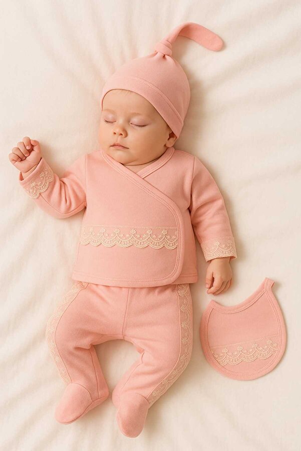 bebekpare Kız Bebek Organik Hastane Çıkış Seti Dantelli 4 Parça %100 Pamuk /mevlüt Seti