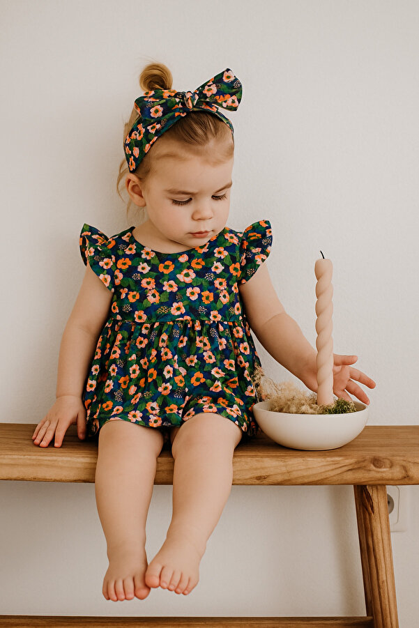 rg kidsstore Kız Bebek %100 Pamuk Kumaş Fırfırlı Elbise ve Saç Bandı