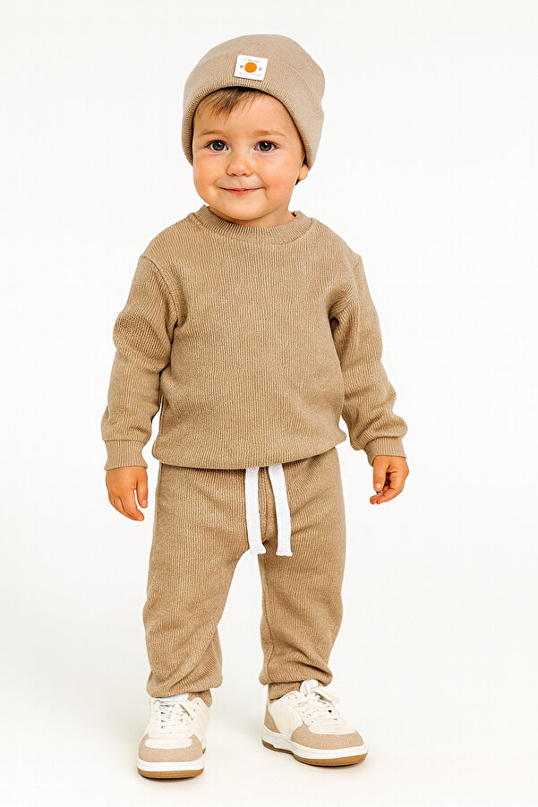 AKİF GİYİM Pamuklu Yumuşacık Bereli 3'Lü Takım Bej