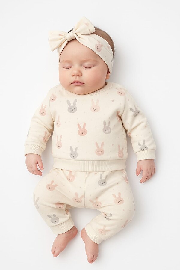 MixMax Bebe Kız Bebek Uzun Kollu Tavşan Desenli Alt Üst Bandana 3'lü Set Takım %100 Pamuklu