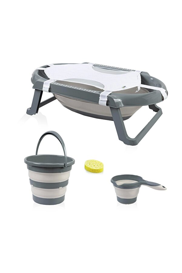 Babyjem Katlanır Bebek Banyo Küvet Seti 5 Parça Antrasit (Havlu Fileli)