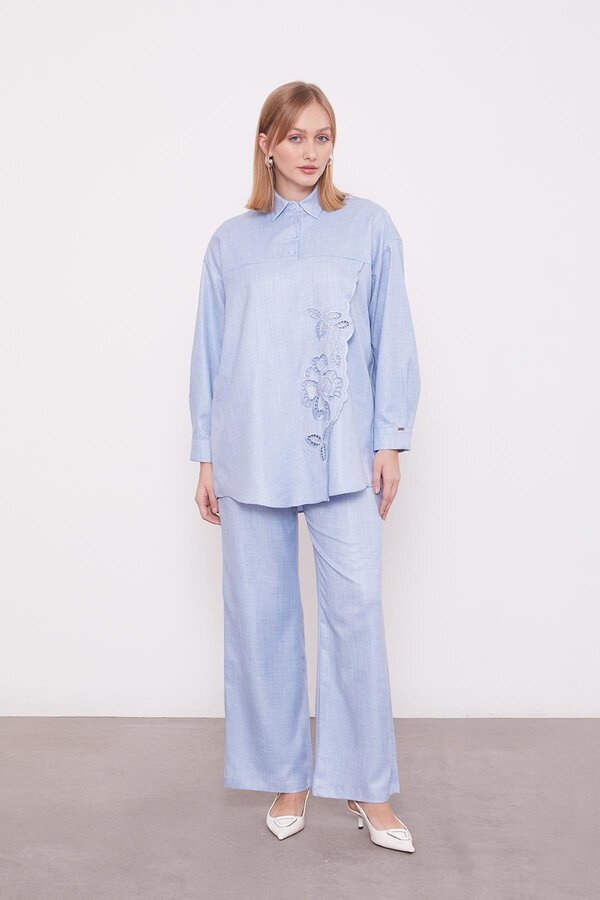 Levidor Baby Blue Embroidered Rose Detailed Tunic Set