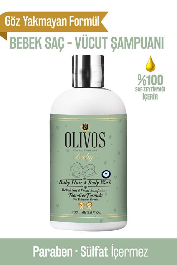 Olivos %100 Doğal Organik Zeytinyağlı Bebek Şampuanı, Saç ve Vücut için, Nemlendirici Etkili, 400 ml