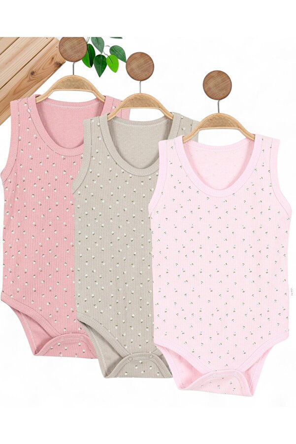 Egelite KKIZ BEBEK ÇİÇEK BASKILI 3'LÜ FİTİLLİ ÇITÇITLI SIFIR KOL ATLET BODY 0-3 YAŞ %100 NATURAL PAMUK