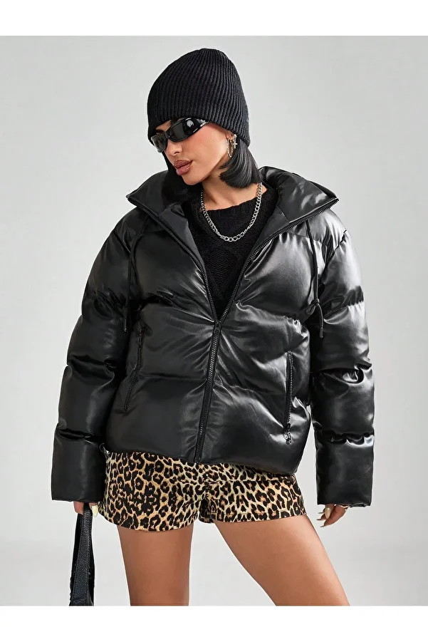 PERÇEM-Puffer-Ledermantel für Damen mit Kapuze 1