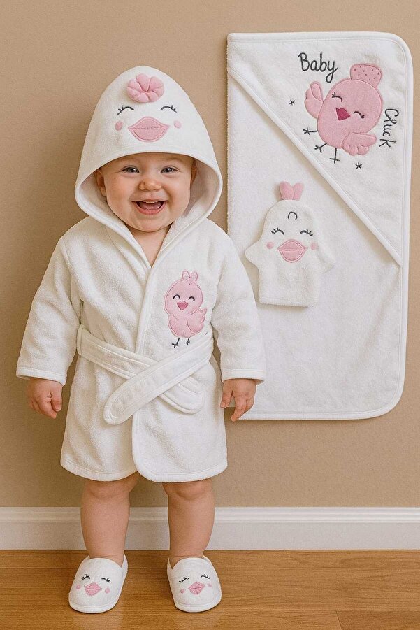 MİLAYS LİFE HOME COLLECTİON CHİCKEN FİGÜRLÜ BORNOZ SETİ %100 PAMUKTAN. 4 PARÇA 0-3 YAŞ