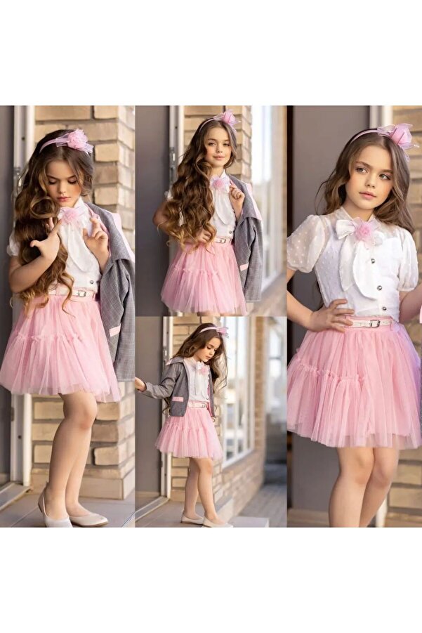 KOKOŞ BEBEK Kız Çocuk 7 Parça Kombin Takım (Ceket, Etek, Gömlek, Badi, Toka, Broş, Kemer) – 3-7 Yaş