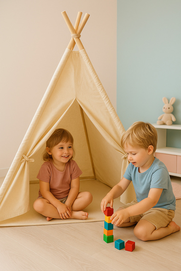 homy textiles Ahşap Çocuk Kızılderili Oyun Çadırı, Ev İçi ve Bahçe Kullanımına Uygun Minderli Oyun Evi, Natural