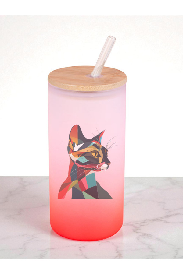 lili hediyelik-Modern Cat Printed 600 ml Glass Flask - Water Flask, Drinking Flask, Glass Flask with Glass Straw 1