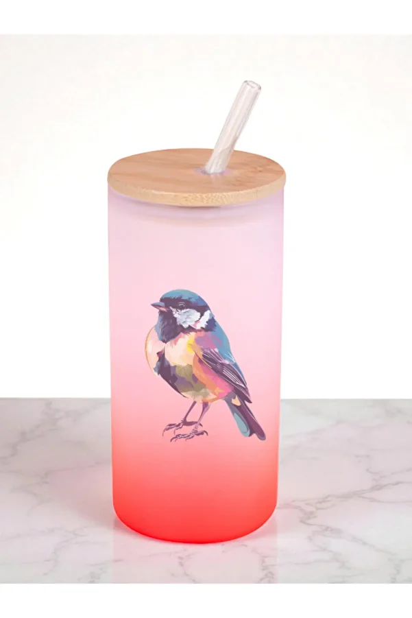 lili hediyelik-Modern Bird Printed 600 ml Glass Flask - Water Flask, Drinking Flask, Glass Flask with Straw 1
